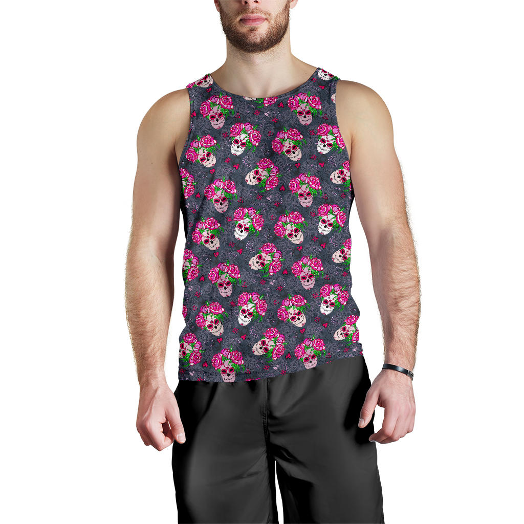 Sugar Skull Pink Rose Themed Print Men Tank Top