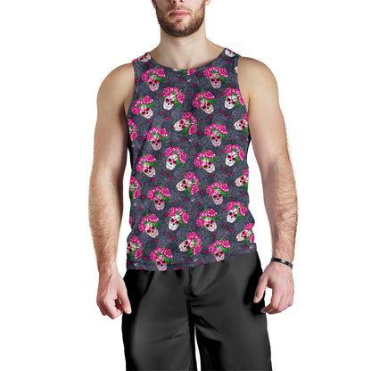 Sugar Skull Pink Rose Themed Print Men Tank Top