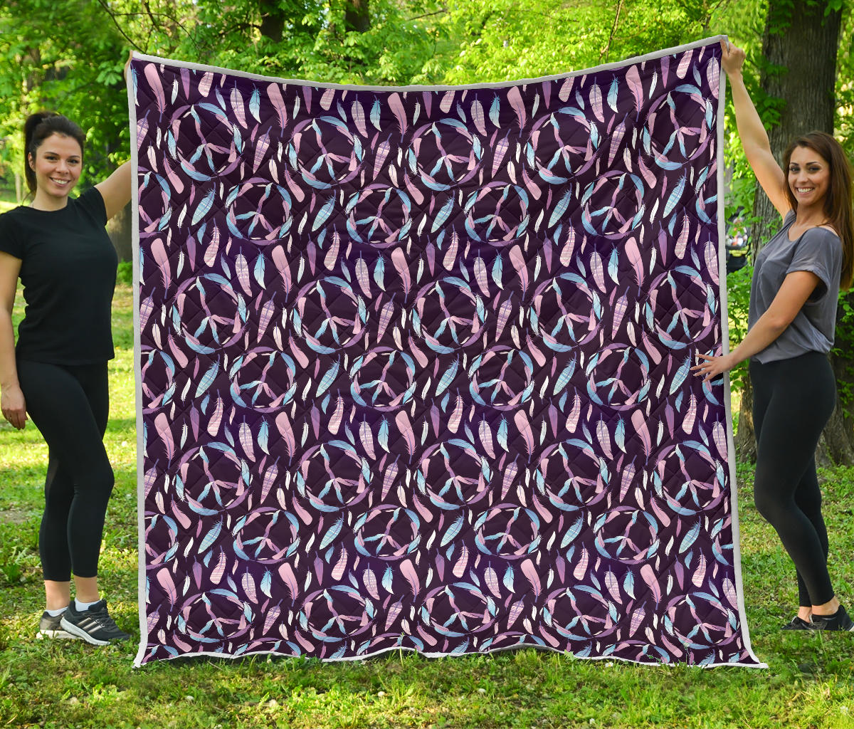 Peace Sign Feather Design Print Quilt Bedspread