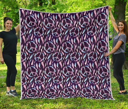 Peace Sign Feather Design Print Quilt Bedspread