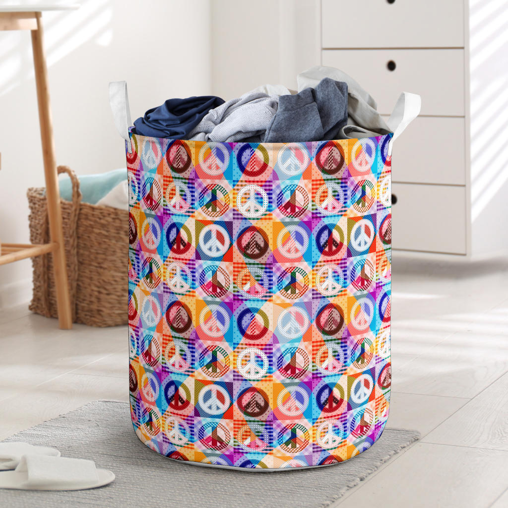Peace Sign Patchwork Design Print Laundry Basket