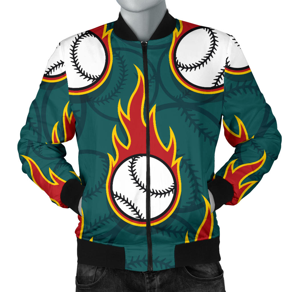 Baseball Fire Print Pattern Men Bomber Jacket