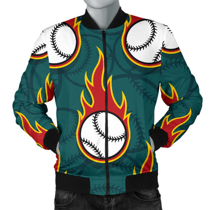 Baseball Fire Print Pattern Men Bomber Jacket