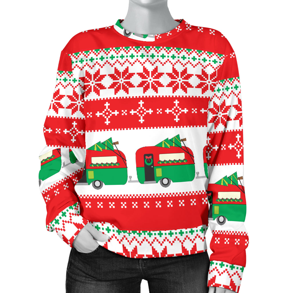 Camper Camping Ugly Christmas Design Print Women Long Sleeve Sweatshirt