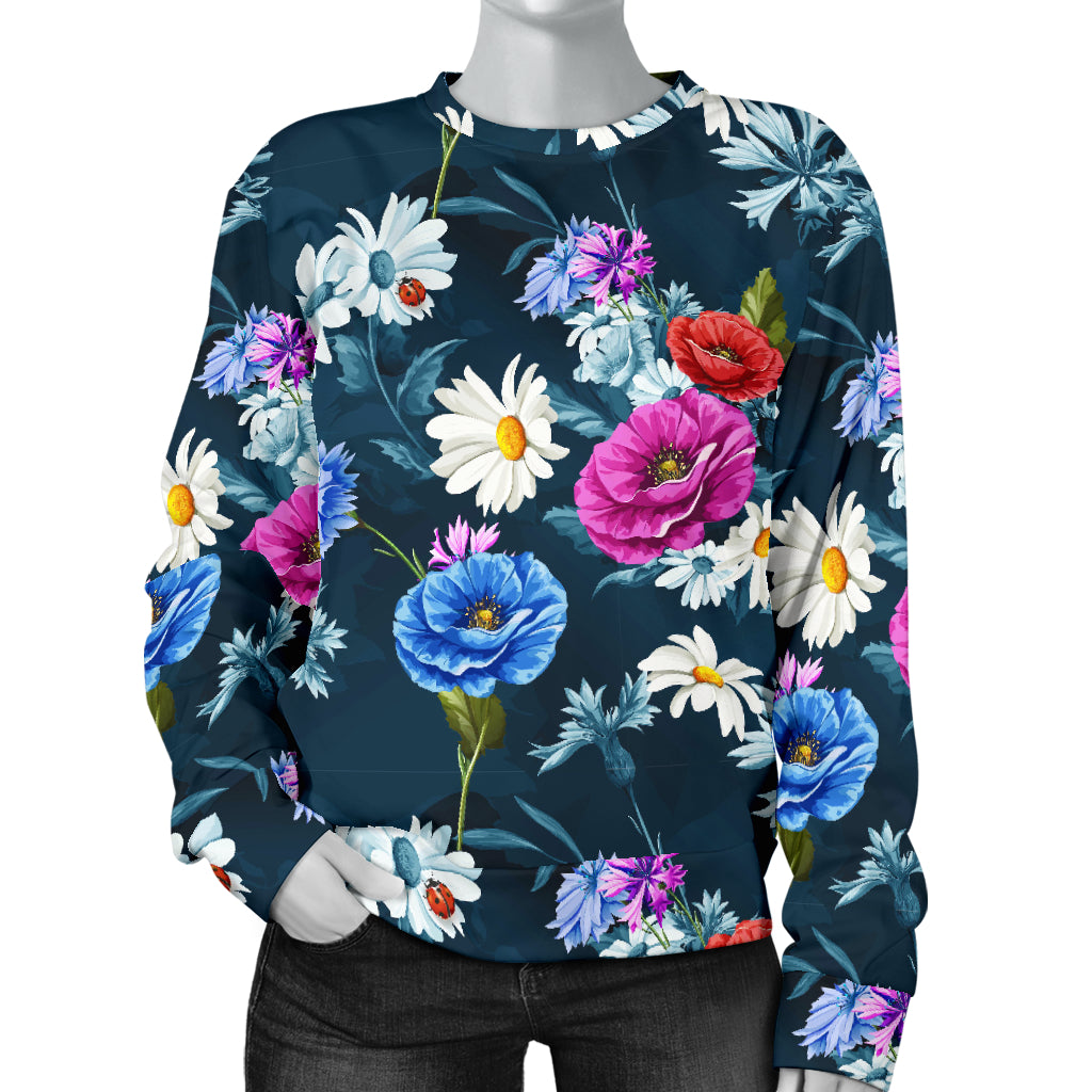 Floral Blue Themed Print Women Long Sleeve Sweatshirt