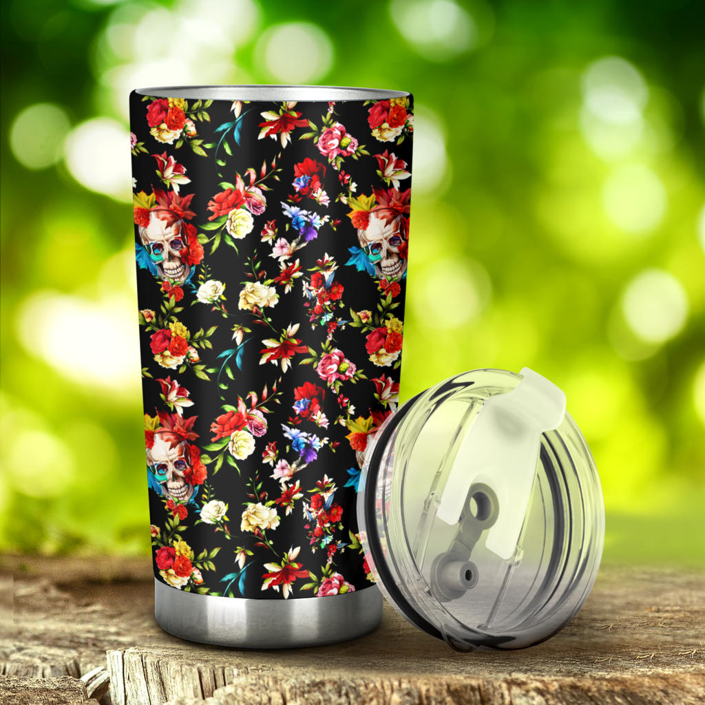 Skull Roses Flower Design Themed Print Tumbler