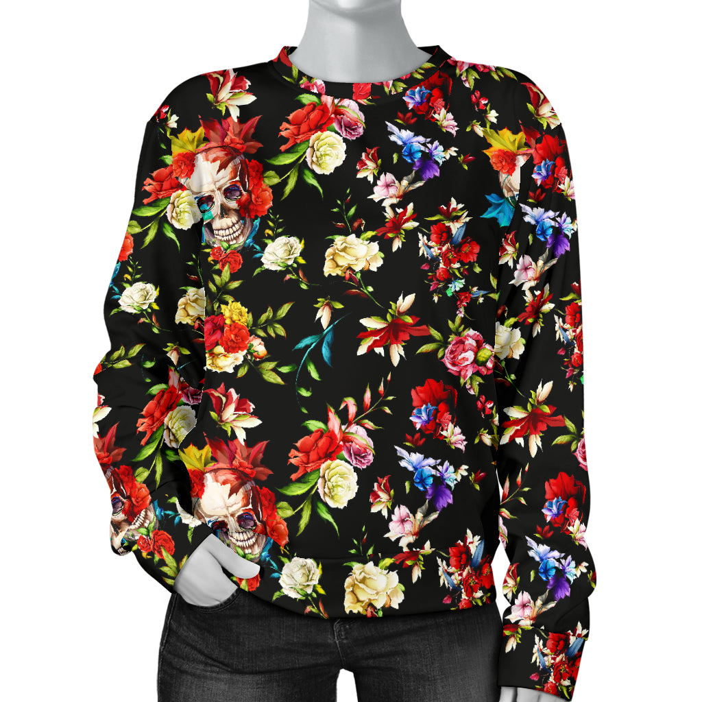 Skull Roses Flower Design Themed Print Women Long Sleeve Sweatshirt
