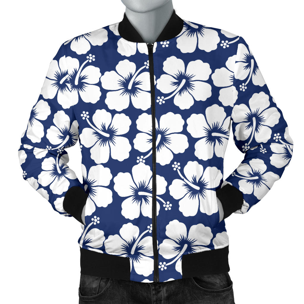 Hibiscus Blue Hawaiian Flower Pattern Men Bomber Jacket