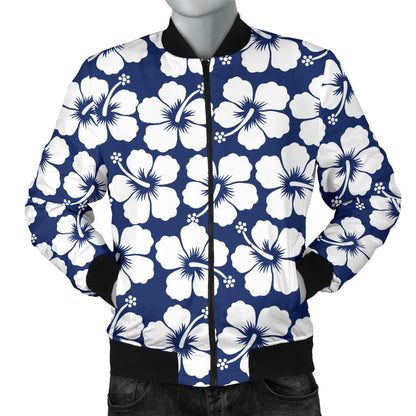 Hibiscus Blue Hawaiian Flower Pattern Men Bomber Jacket