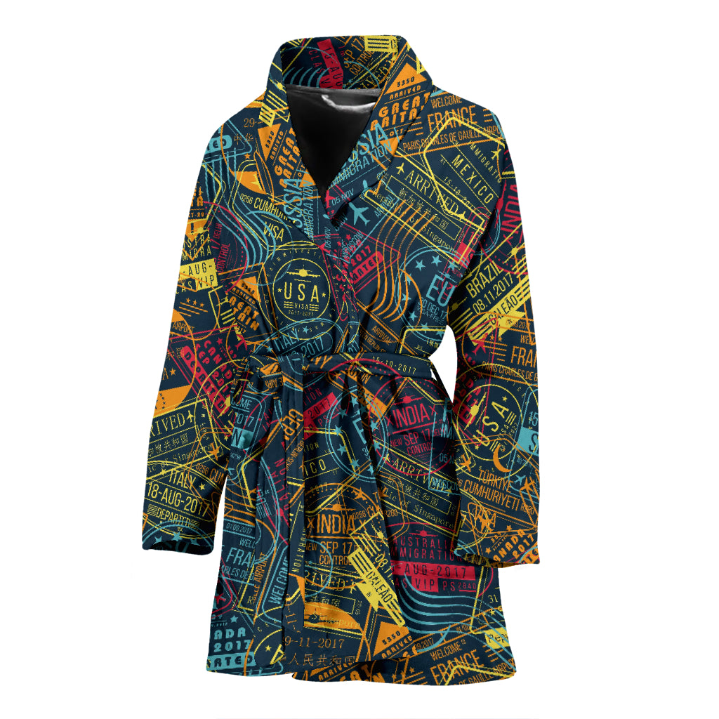 Travel Stamp Colorful Print Design LKS304 Women Bathrobe