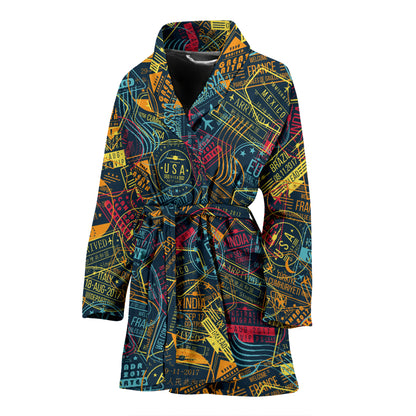 Travel Stamp Colorful Print Design LKS304 Women Bathrobe