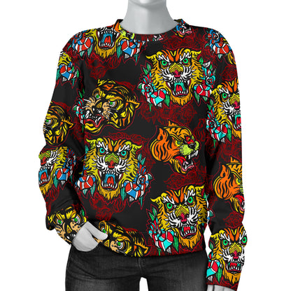 Tattoo Tiger Colorful Design Women Long Sleeve Sweatshirt