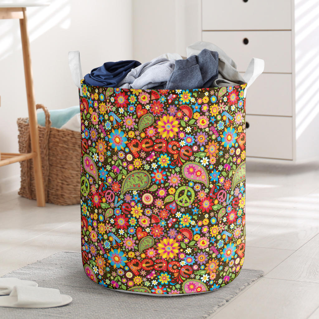 Flower Power Peace Paisley Themed Print Laundry Basket