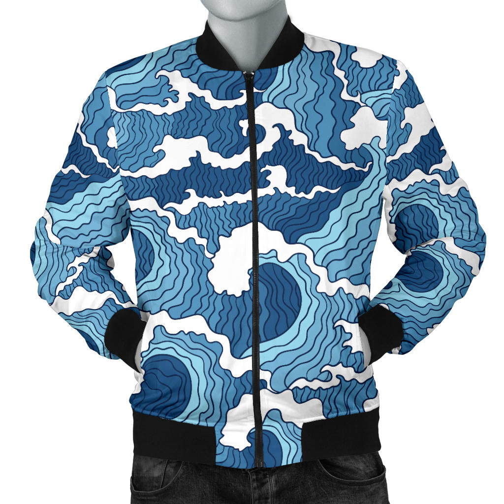 Wave Themed Pattern Print Men Bomber Jacket
