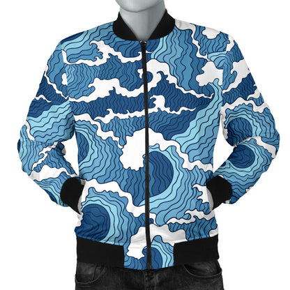 Wave Themed Pattern Print Men Bomber Jacket