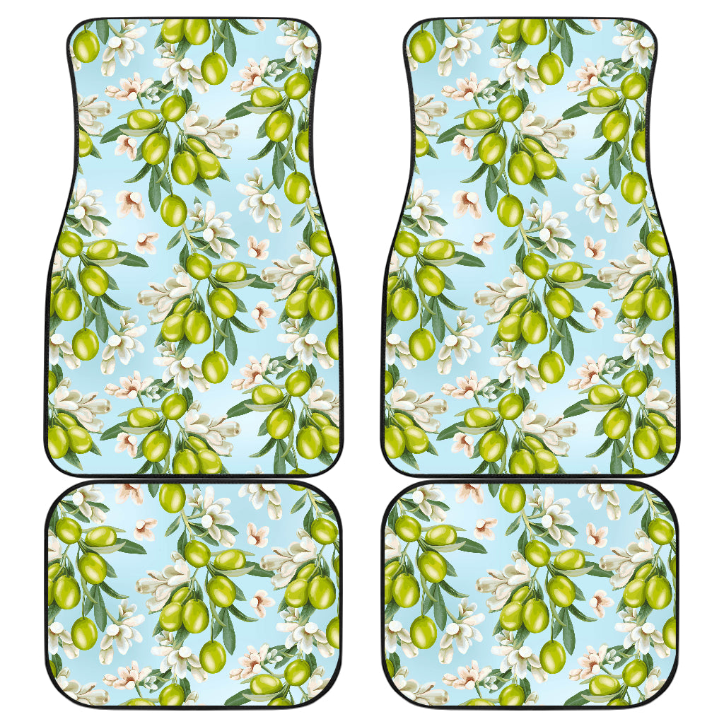 Elegant Olive Floral Print Car Floor Mats Front Back