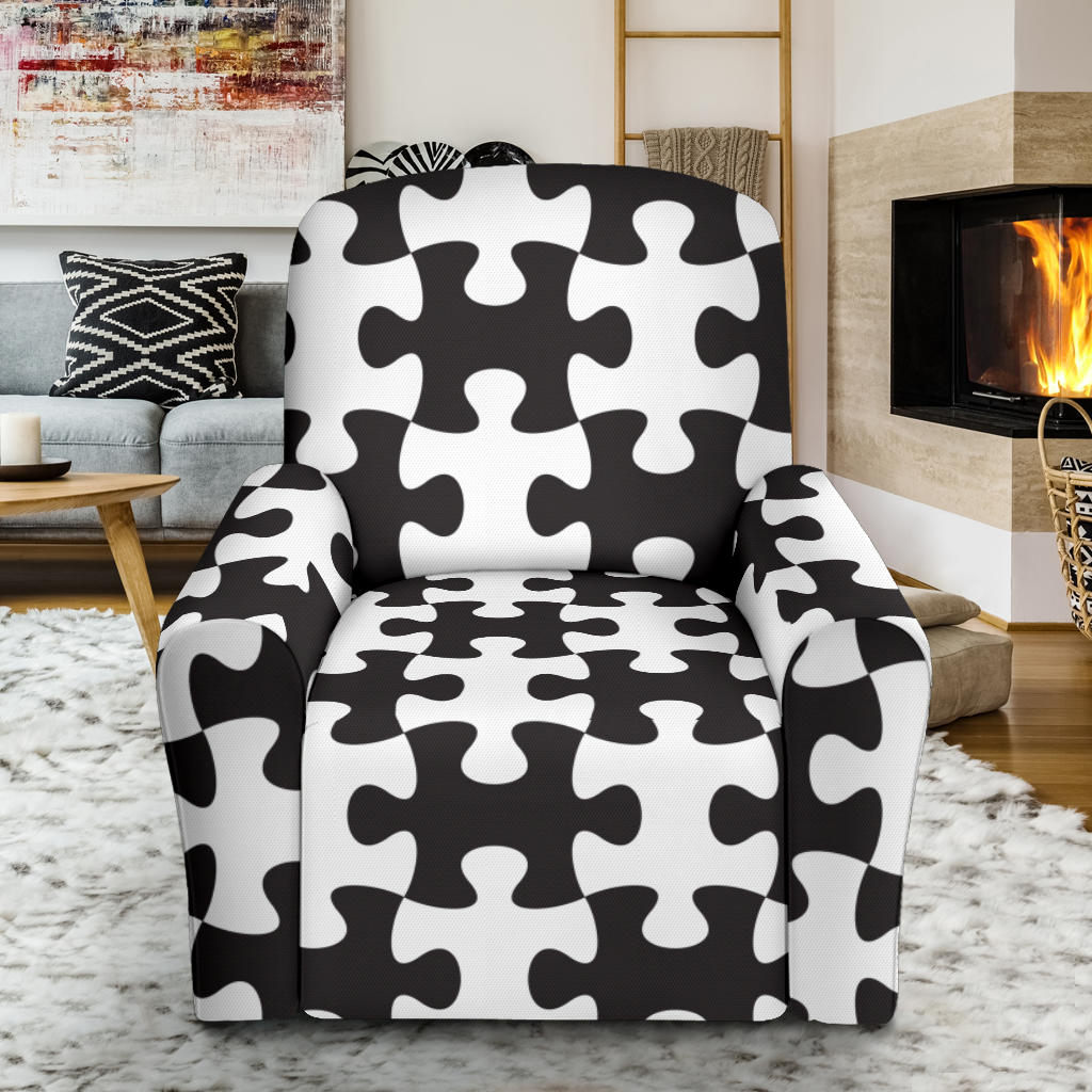 Puzzle Black White Pattern Print Design A02 Recliner Slipcover with Pocket