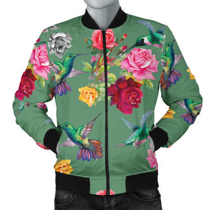 Hummingbird with Rose Themed Print Men Bomber Jacket