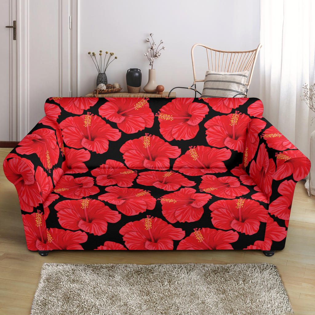 Hibiscus Red Pattern Print Design LKS306 Loveseat Couch Slipcover