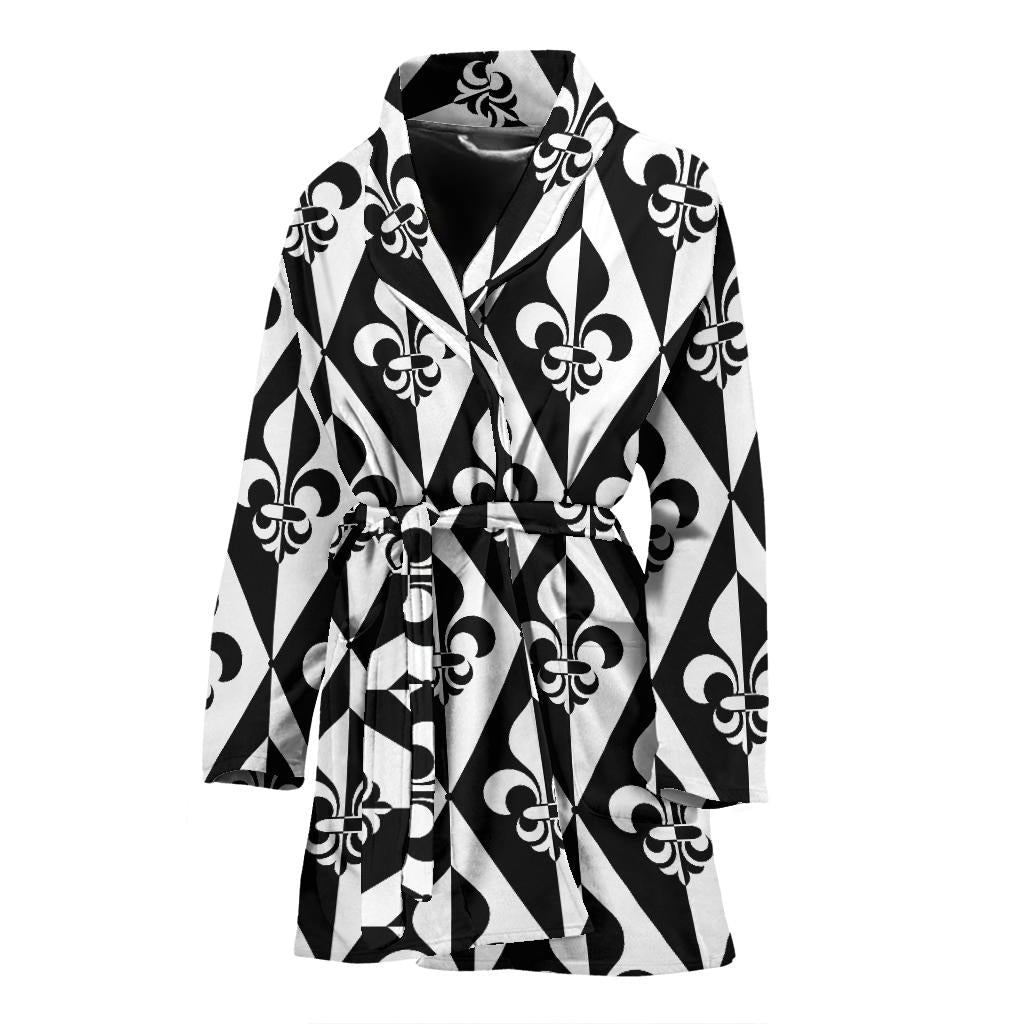 Fleur De Lis Black White Pattern Print Design 02 Women Bathrobe