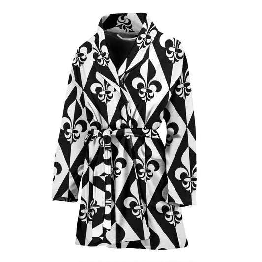 Fleur De Lis Black White Pattern Print Design 02 Women Bathrobe