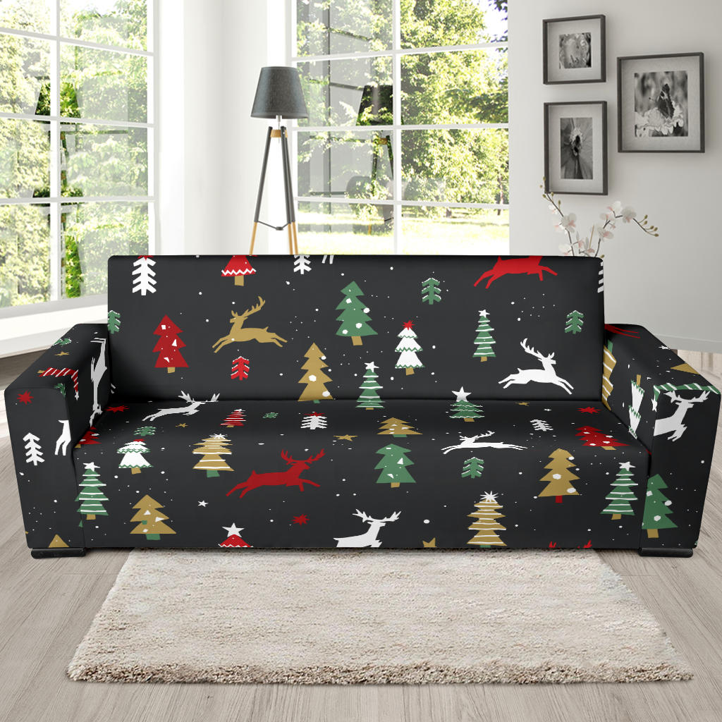 Christmas Tree Deer Style Pattern Print Design 03 Sofa Slipcover