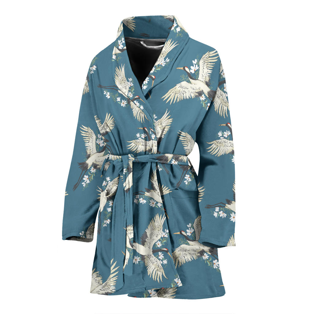 Crane Pattern Print Design 02 Women Bathrobe