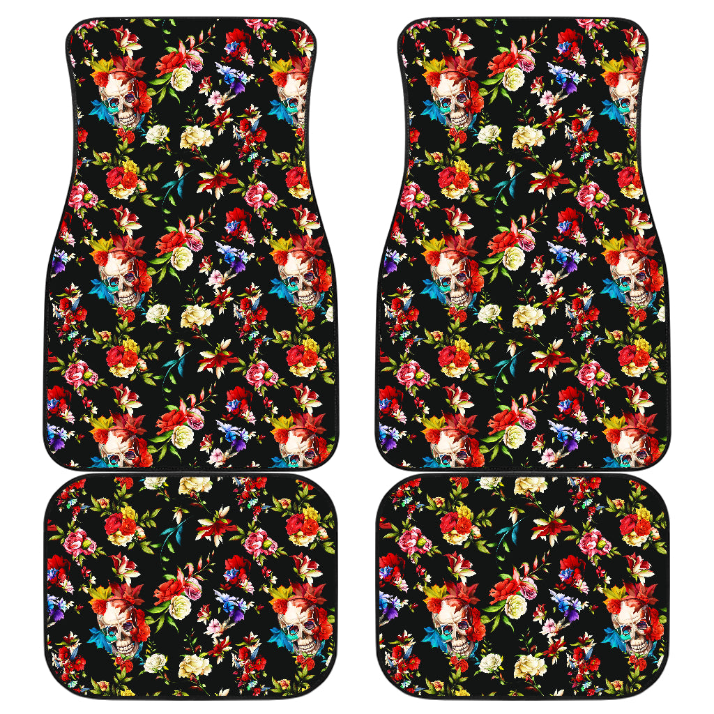 Skull Roses Flower Design Themed Print Car Floor Mats Front Back