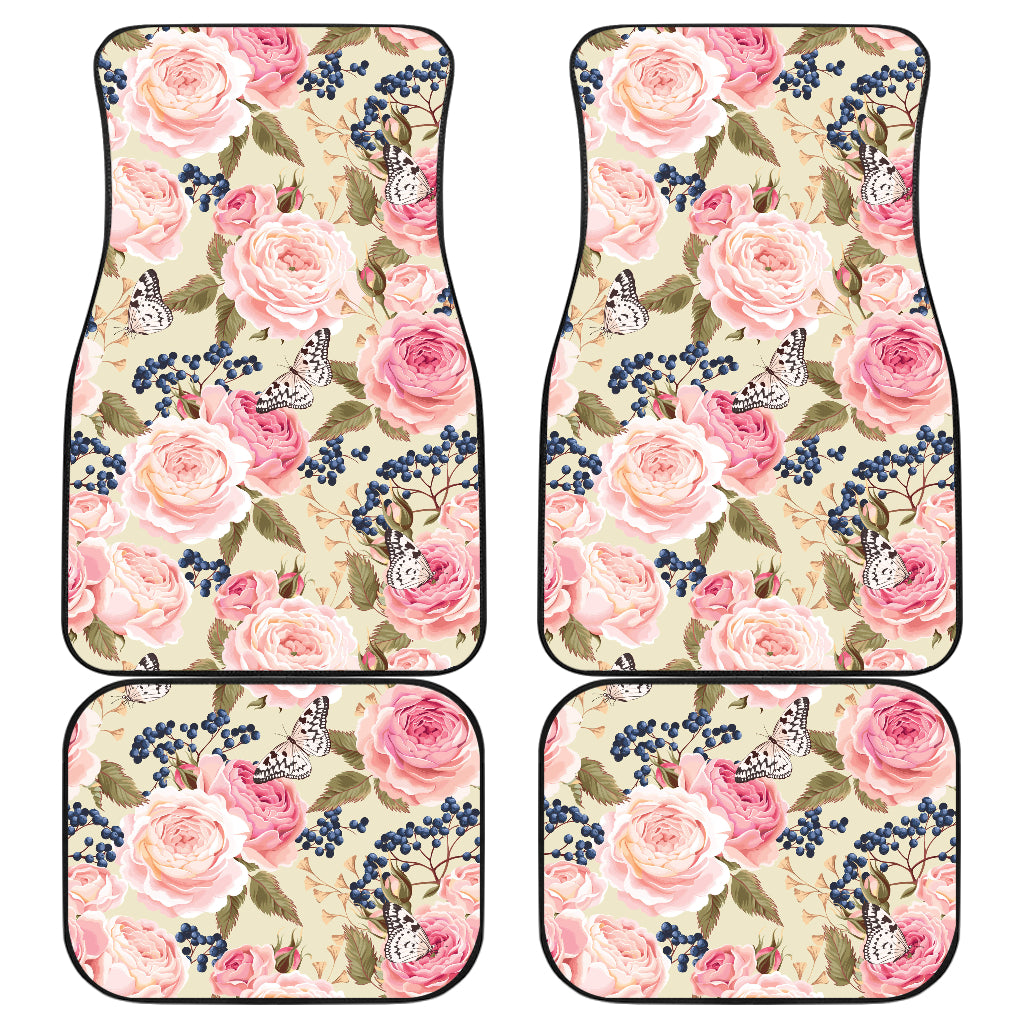 Floral Pink Butterfly Print Car Floor Mats Front Back