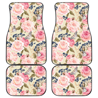 Floral Pink Butterfly Print Car Floor Mats Front Back