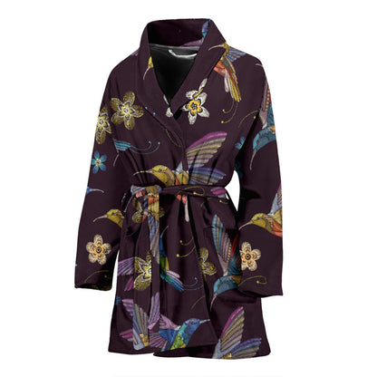 Hummingbird Pattern Print Design 04 Women Bathrobe