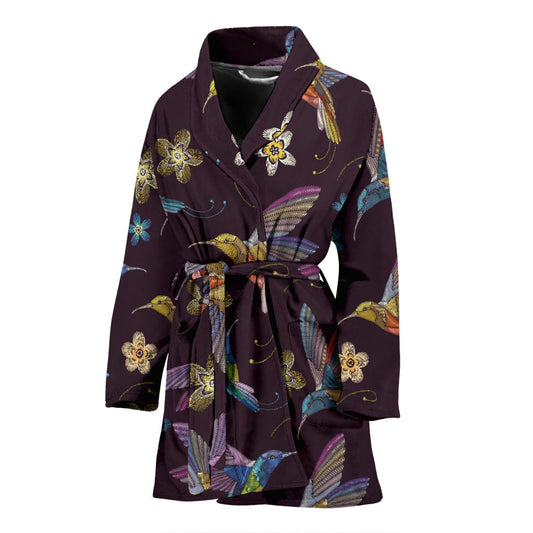 Hummingbird Pattern Print Design 04 Women Bathrobe