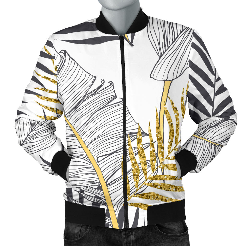 Gold Glitter Tropical Palm Leaves Men Bomber Jacket