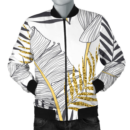 Gold Glitter Tropical Palm Leaves Men Bomber Jacket