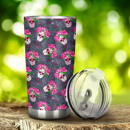 Sugar Skull Pink Rose Themed Print Tumbler