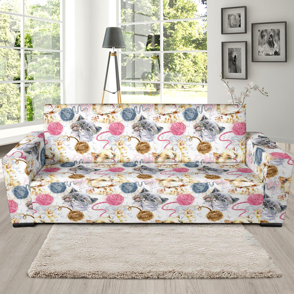 Cat Playing Yarn Pattern Print Design 07 Sofa Slipcover