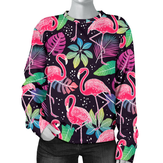 Flamingo Tropical leaves Neon Print Women Long Sleeve Sweatshirt