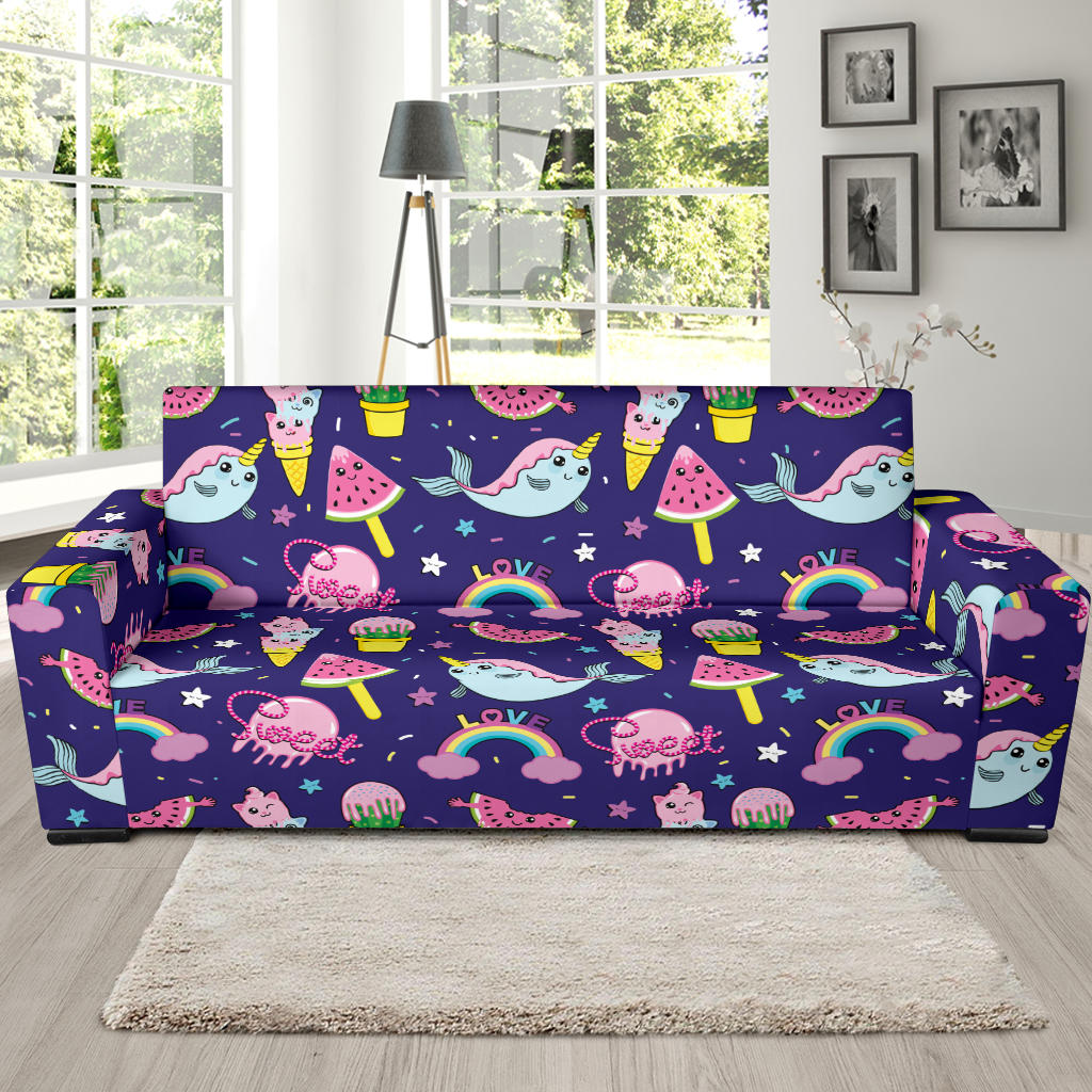 Narwhal Cute Pattern Print Design 02 Sofa Slipcover