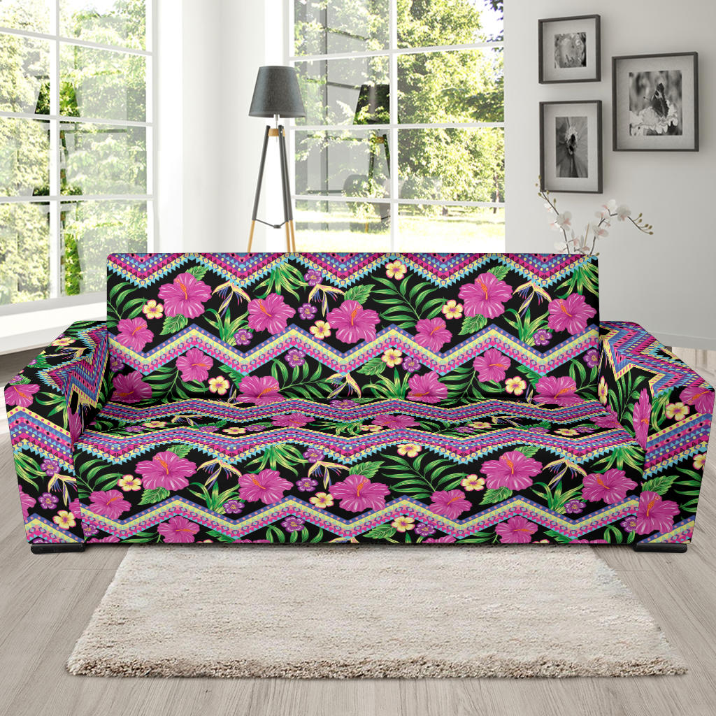 Hibiscus Pink Zigzag Line Pattern Design LKS307 Sofa Slipcover
