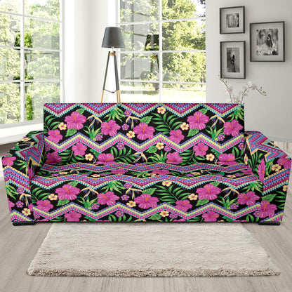 Hibiscus Pink Zigzag Line Pattern Design LKS307 Sofa Slipcover