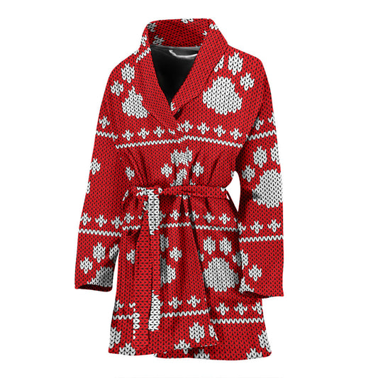 Knit Paw Pattern Print Design 03 Women Bathrobe