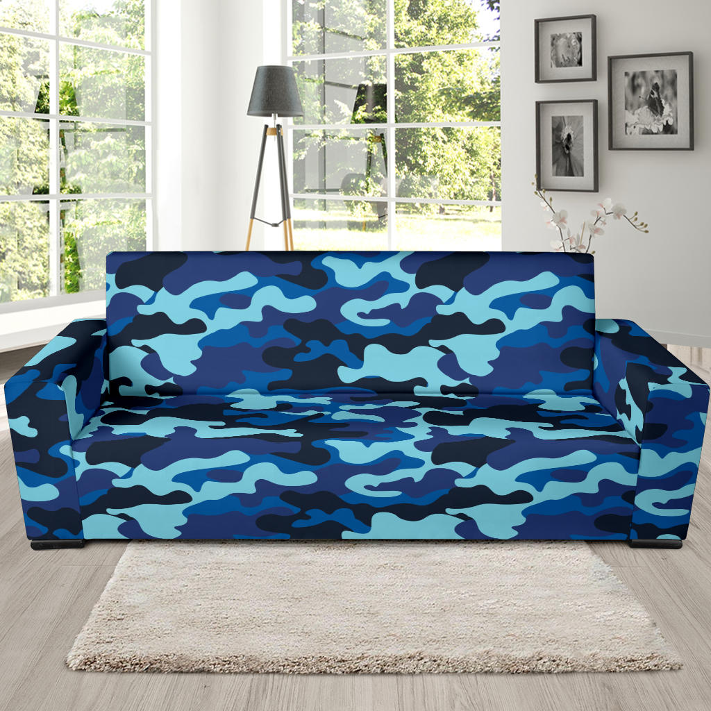 Camo Blue Pattern Print Design 04 Sofa Slipcover