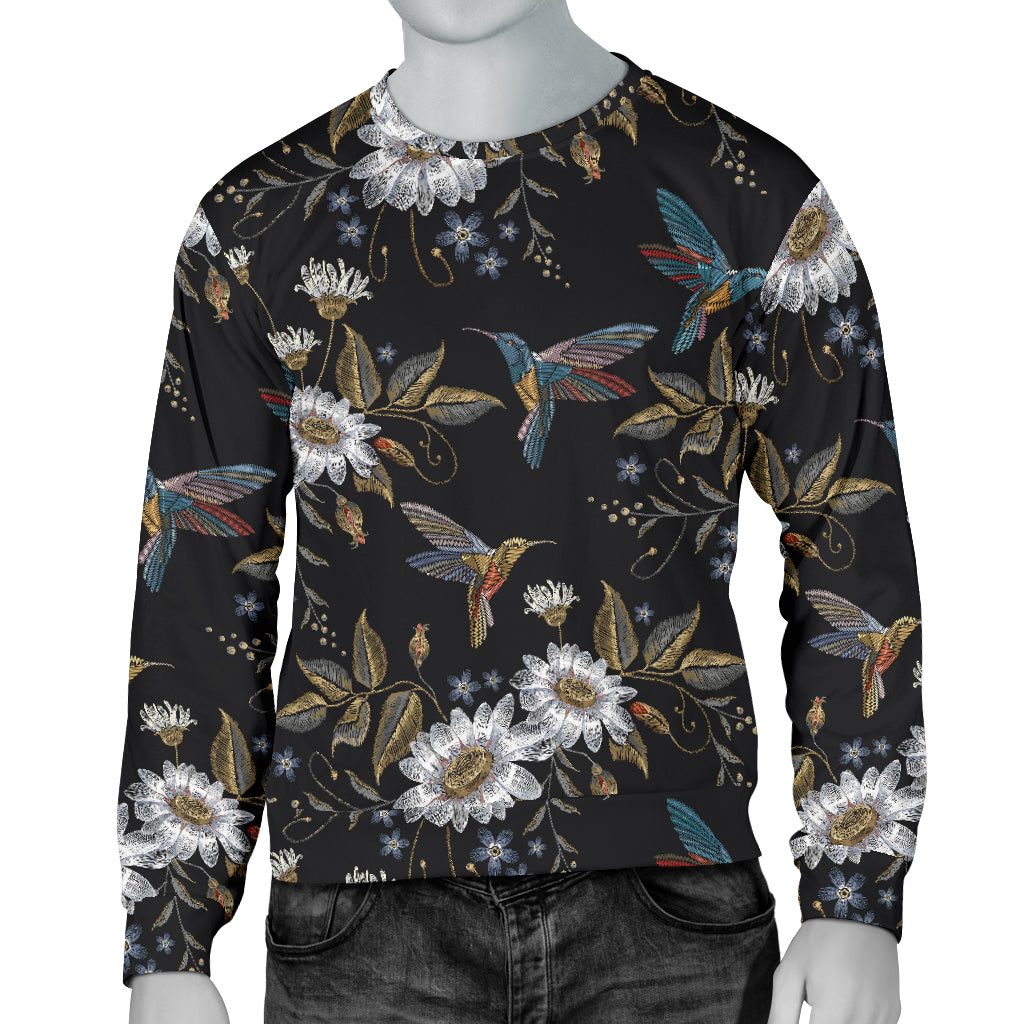 Hummingbird with Embroidery Themed Print Men Long Sleeve Sweatshirt