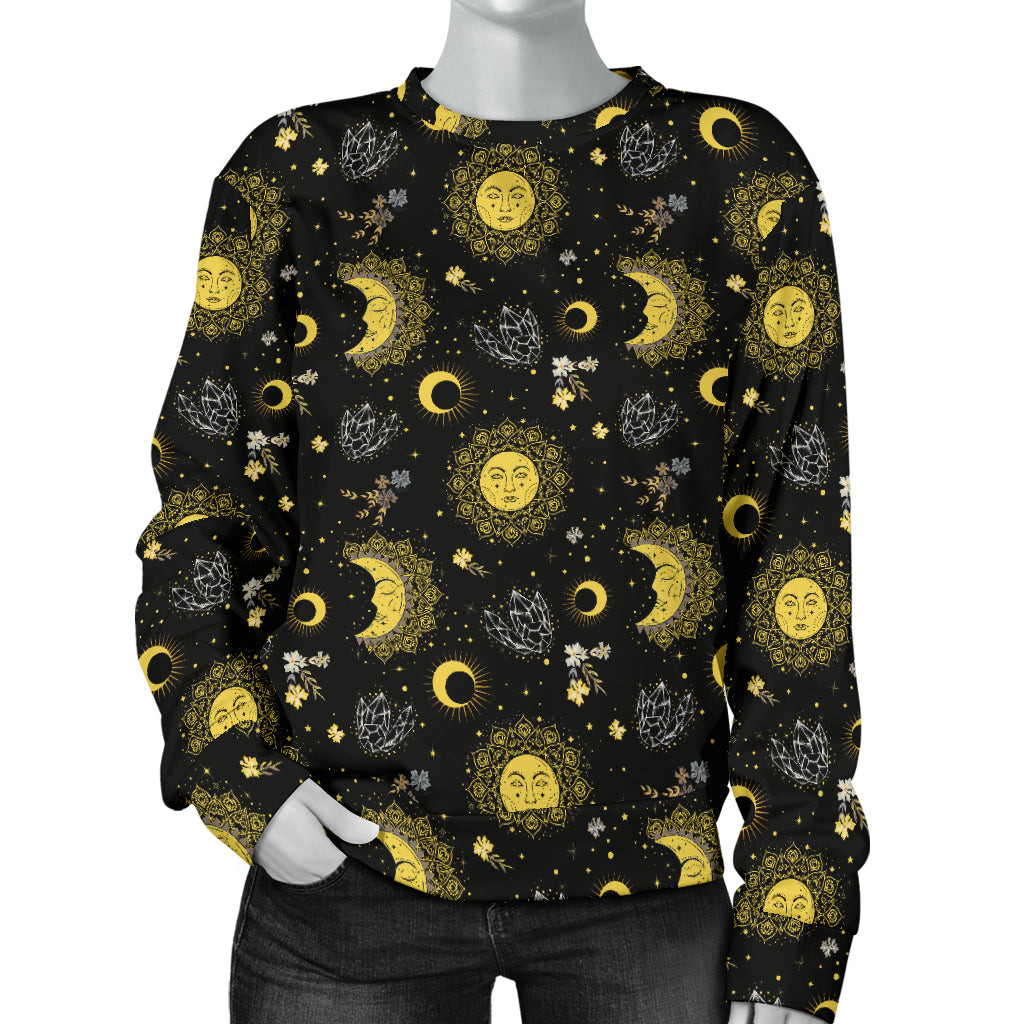 Sun Moon Golden Design Themed Print Women Long Sleeve Sweatshirt