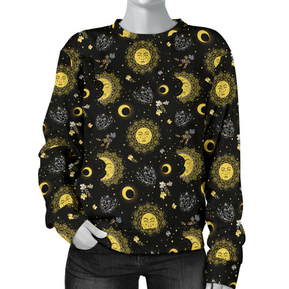 Sun Moon Golden Design Themed Print Women Long Sleeve Sweatshirt