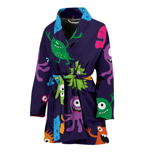 Monster Cartoon Pattern Print Design 02 Women Bathrobe