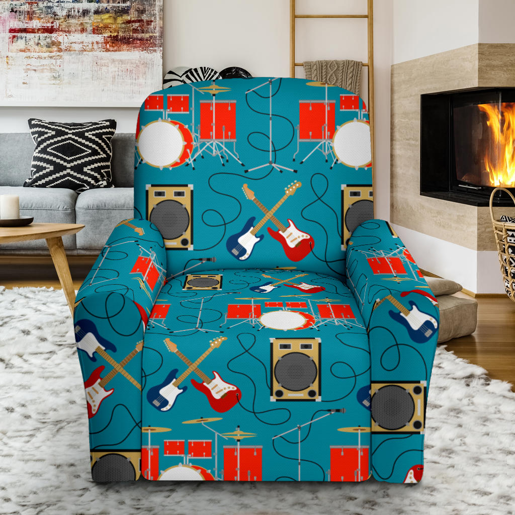 Drum Set Guitar Pattern Print Design 02 Recliner Slipcover with Pocket