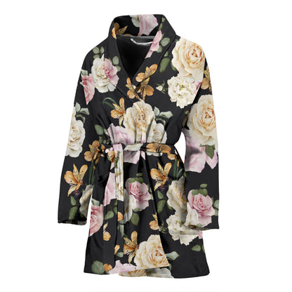 Rose Pattern Print Design A01 Women Bathrobe