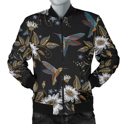 Hummingbird with Embroidery Themed Print Men Bomber Jacket