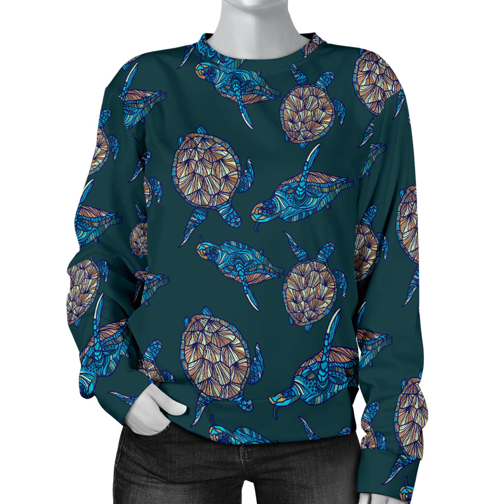 Sea Turtle Hand Drawn Blue Print Women Long Sleeve Sweatshirt